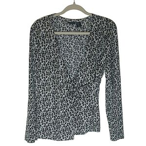 Tahari Leopard Print Wrap Top Long Sleeve V-neck Black White Brown Size XL
